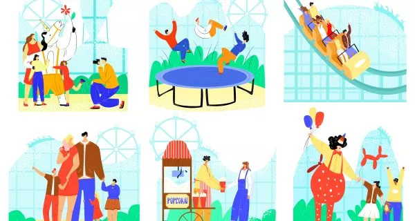 People in entertainment park vector illustration set, cartoon flat active family character have fun, park attraction icons isolated on white